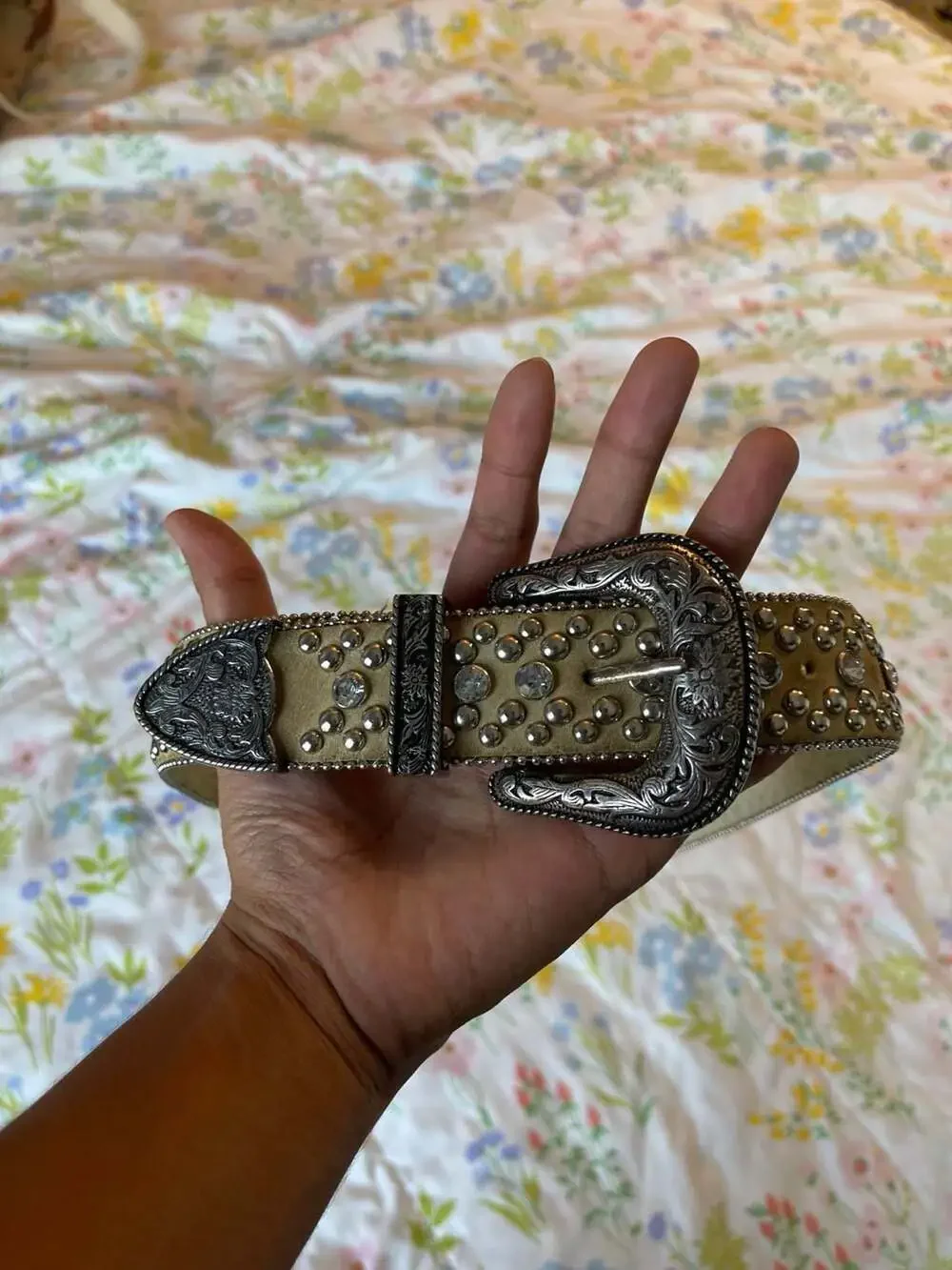 Guess Rhinestone Studded Western Belt Metallic Gold Leather